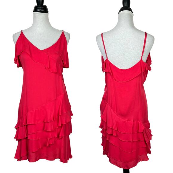 Parker NWT Athens 100% Silk Watermelon Pink Tiered Ruffle Mini Cocktail Dress - Picture 2 of 11